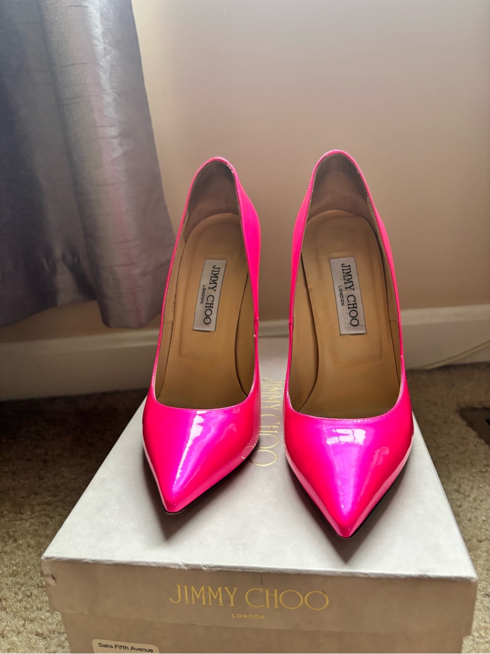 Jimmy Choo Neon Pink Patent Pointed-Toe Pumps